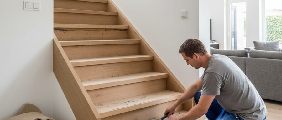 Trapbekleding verwijderen en vernieuwen in een notendop